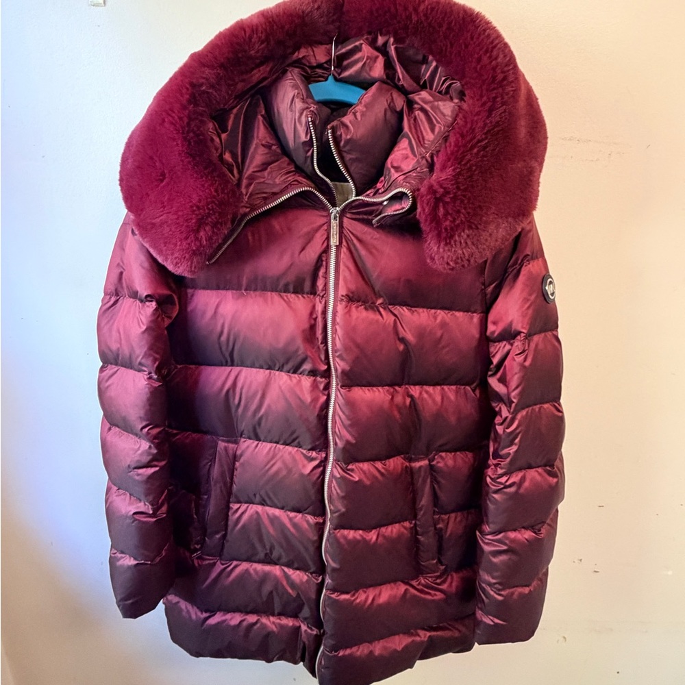 Michael Kors Deep Red Puffer Jacket with Plush Collar